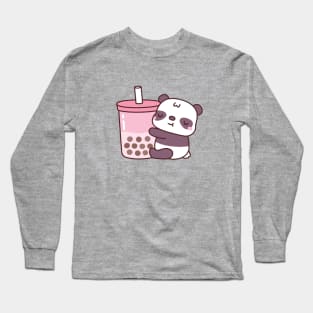 Cute Panda Hugging Strawberry Milk Tea Long Sleeve T-Shirt